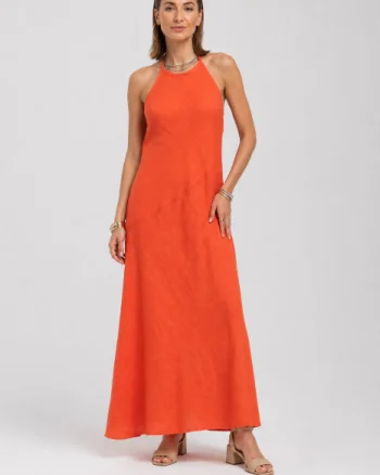 Rochie lunga, asimetrica, din in, cu spatele gol, rosu tangerine