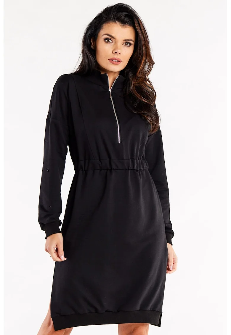 Rochie-hanorac din bumbac cu fermoar si slituri laterale