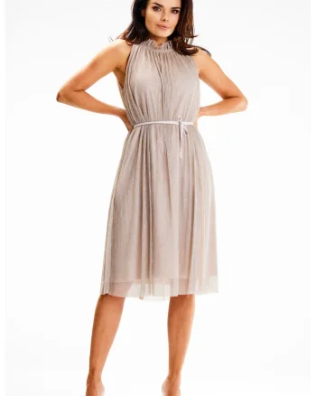 Rochie midi  A629, guler decorativ, curea subtire, bej, poliester/elastan
