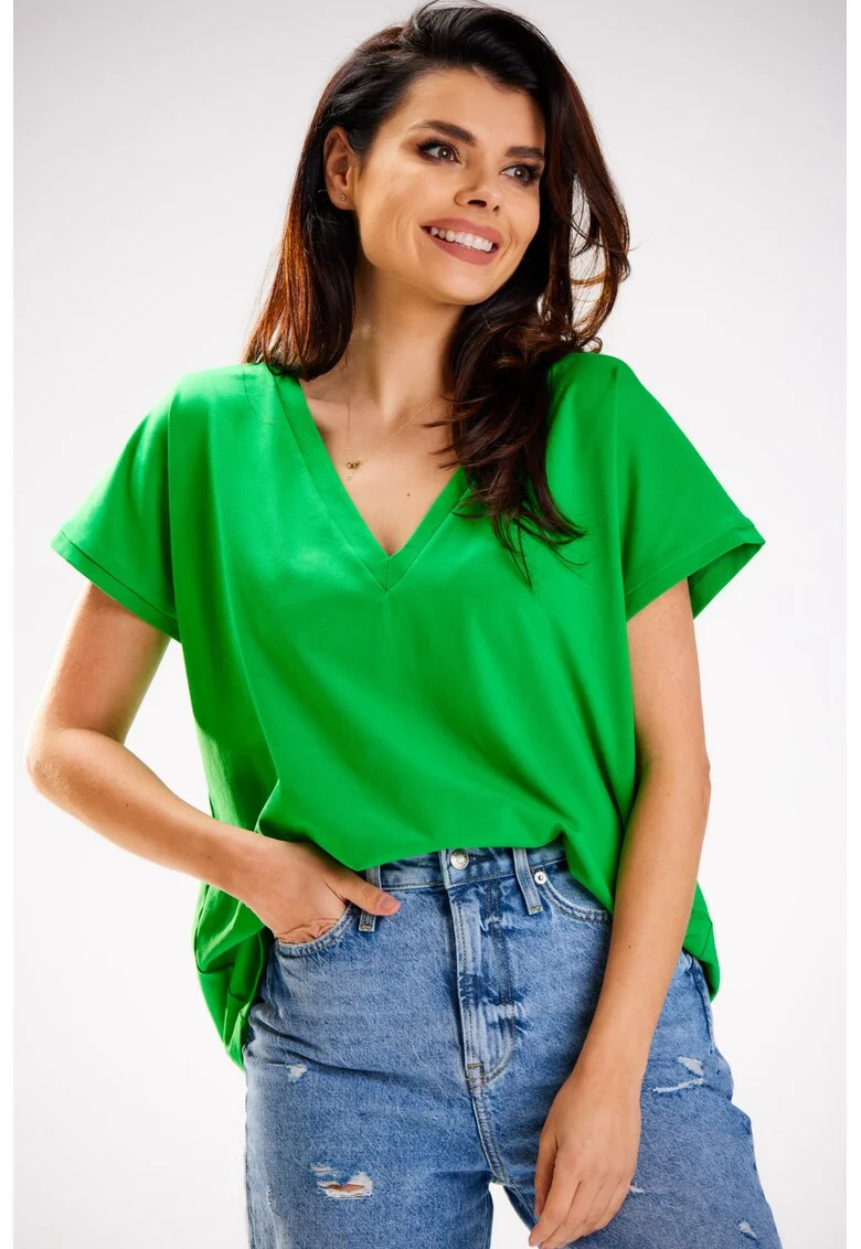 Tricou Dama, Awama, Material 95% Bumbac, 5% Elastan, Maneca Scurta, Uni, Croi Lejer, Fason Basic, Decolteu In Forma De V, One Size, Verde