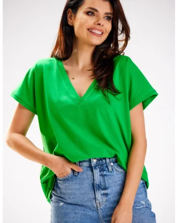 Tricou Dama, Awama, Material 95% Bumbac, 5% Elastan, Maneca Scurta, Uni, Croi Lejer, Fason Basic, Decolteu In Forma De V, One Size, Verde