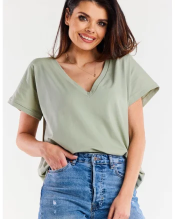 Bluza Dama, Awama, Material Bumbac, Stil Zilnic, Uni, Croi Regular, Fara Inchidere, Maneci Scurte, Decolteu In Forma De V, Fara Buzunare, One Size, Menta