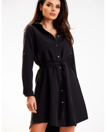 Rochie tip camasa A568,  mini, negru, set cu cordon, poliester/elastan,