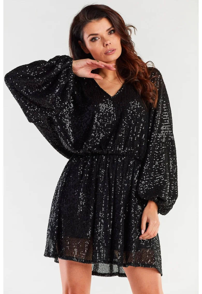 Rochie stralucitoare cu maneci largi,  Poliester, Negru,