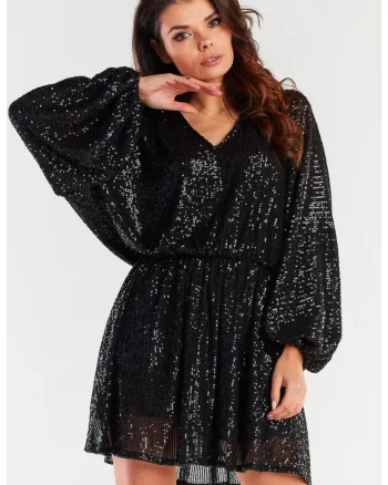 Rochie stralucitoare cu maneci largi,  Poliester, Negru,