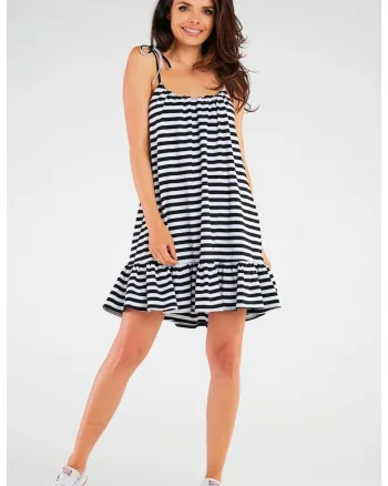 Rochie  M251, dungi negre, volan, bumbac-lycra