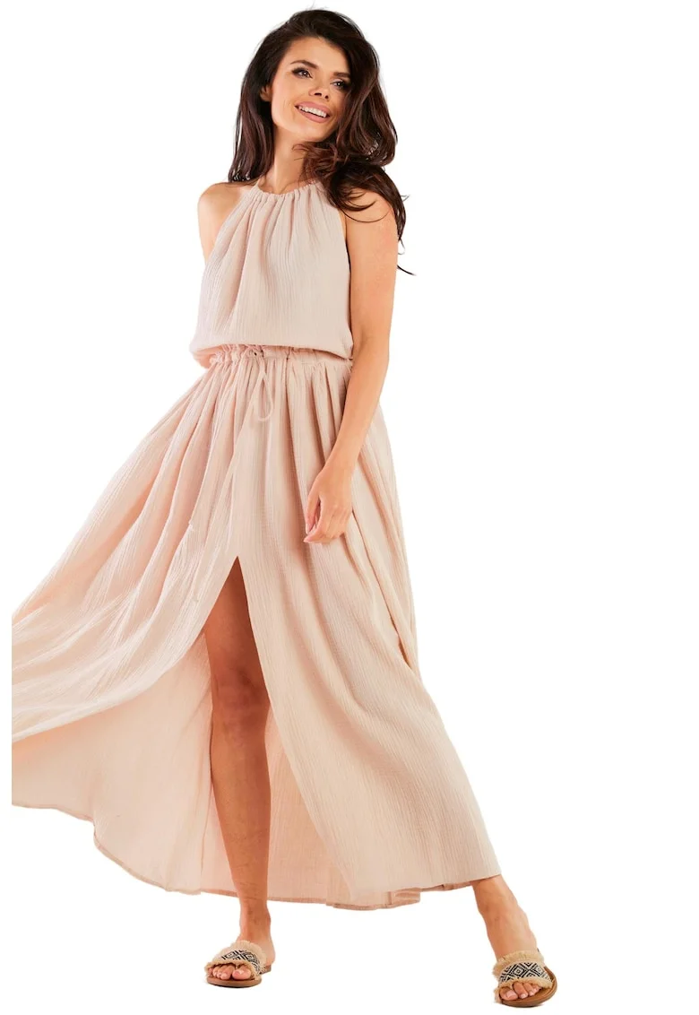 Rochie lunga M263,  Bumbac/Lycra, Bej