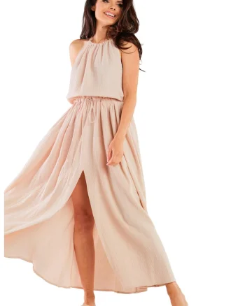 Rochie lunga M263,  Bumbac/Lycra, Bej