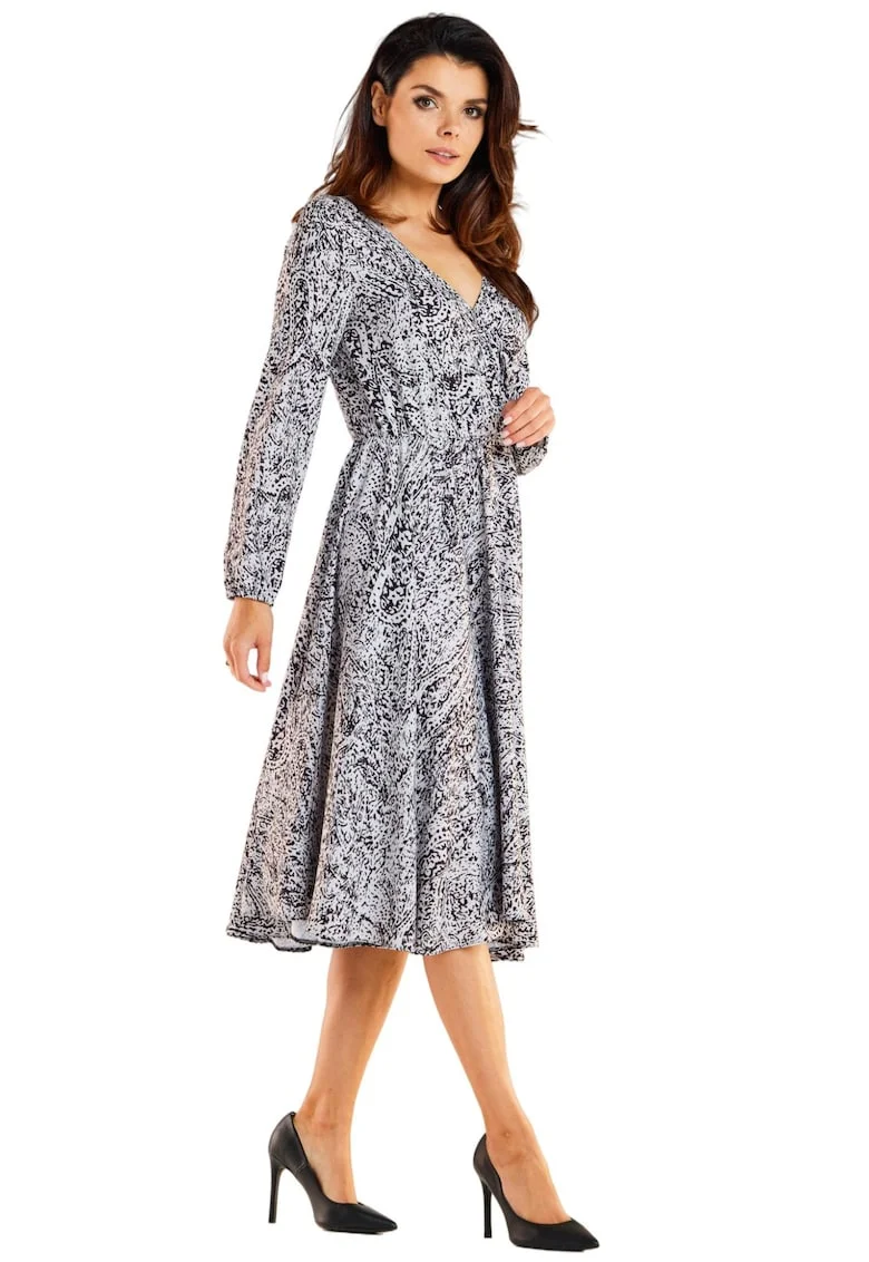 Midi Rochie print Maneca lunga A466, Alb/Negru