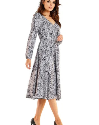 Midi Rochie print Maneca lunga A466, Alb/Negru