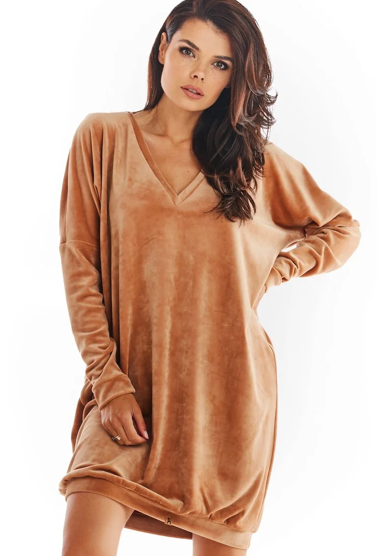 Scurta Rochie Maneca lunga, Poliseter, Casual A378, Bej
