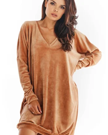 Scurta Rochie Maneca lunga, Poliseter, Casual A378, Bej