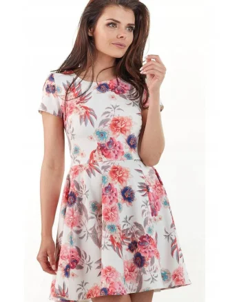Rochie dama  Poliester, M174 - Alb/Flori Fuchsia -