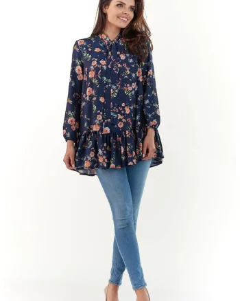 Bluza dama,  Poliester, model flori, Bleumarin