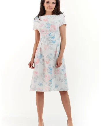 Rochiedama  Poliester, M163, Alb, Flori pastelate