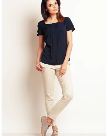 Tricou dama  bleumarin, poliester-elastan, maneci scurte, pliuri decorative,