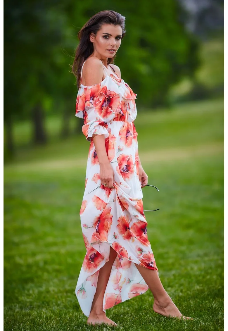 Rochie,  Poliester, Alb/Rosu