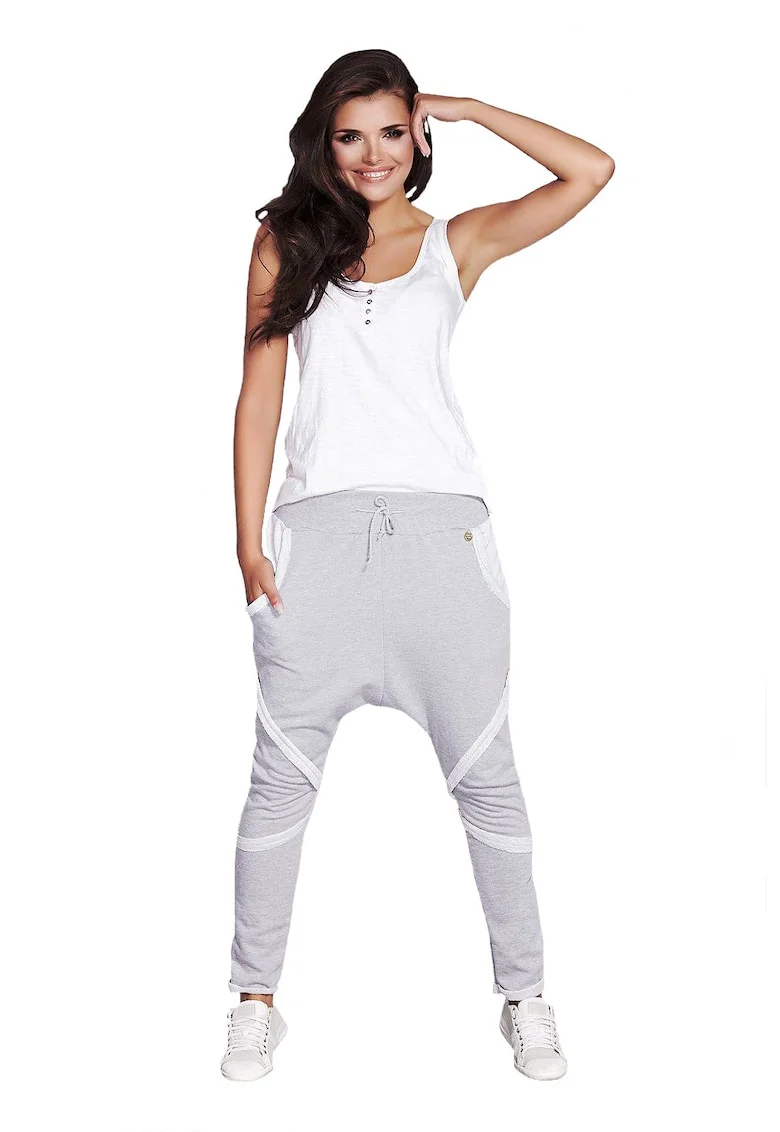Pantaloni Dama Ciara cu turul lasat, Alb/Gri deschis