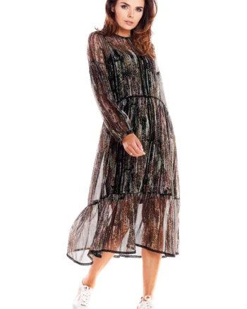 Rochie de dama cu flori Bragune A316 neagra, Negru