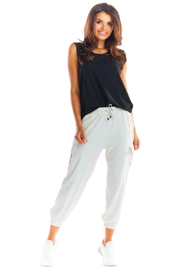 Pantaloni dama  talie elastica, Poliester, bej,