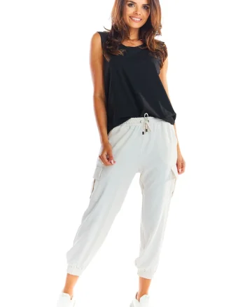 Pantaloni dama  talie elastica, Poliester, bej,