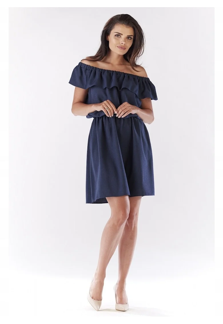 Rochie Dama,  Spaniola Evazata Lejera, Decolteu Spaniol, Tesatura cu Structura de In, Elastic in Talie, Ideala Vara si Vacanta, Confort si Lejeritate, Produsa in Polonia, Bleumarin, Albastru inchis