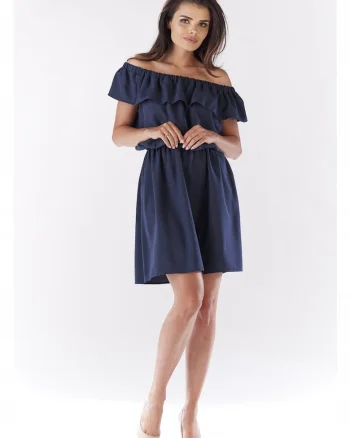 Rochie Dama,  Spaniola Evazata Lejera, Decolteu Spaniol, Tesatura cu Structura de In, Elastic in Talie, Ideala Vara si Vacanta, Confort si Lejeritate, Produsa in Polonia, Bleumarin, Albastru inchis
