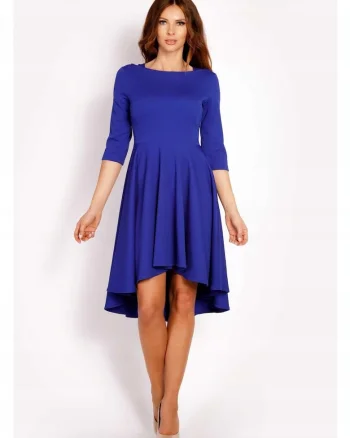 Rochie Dama,  L004, Asimetrica Evazata Midi, Maneci 3/4, Usor Evazata la Baza, Tesatura Confortabila cu Elastan, Croiala Clasica Eleganta, Ideala la Birou, Albastru, Marime