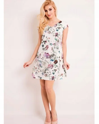 Rochie Dama, Evazata,  L035, Model Cu Flori, Marimea XL, Material 100% Poliester, Midi, Decolteu In V, Fara Maneci, De Inalta Calitate, Ecru