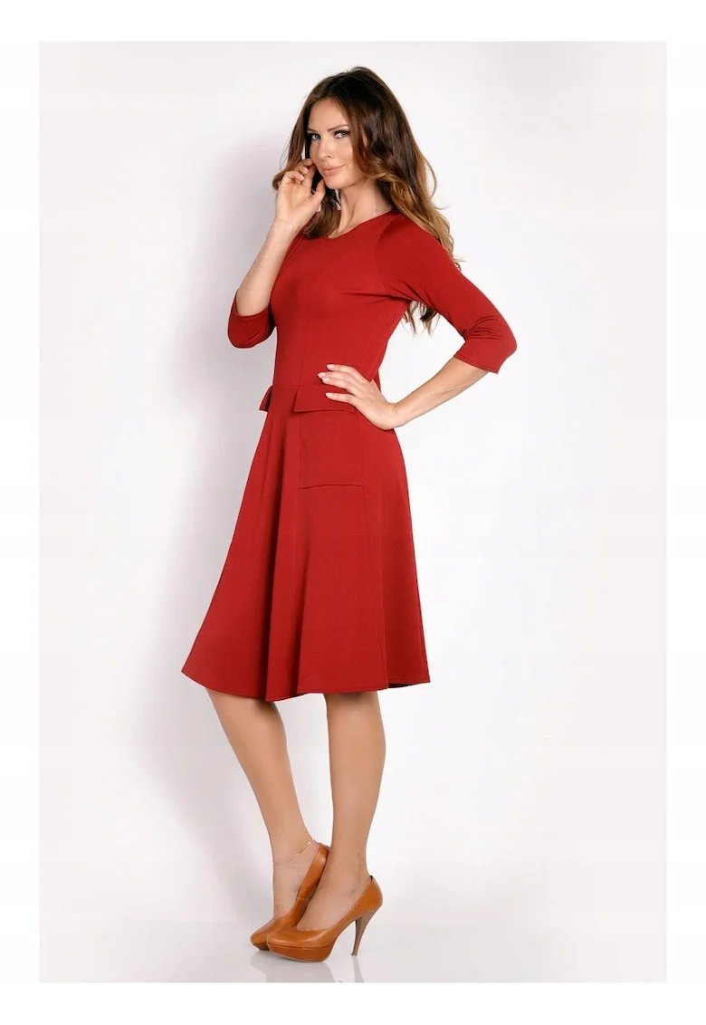 Rochie Dama,  L012, Midi, Croiala Simpla Eleganta, Maneci 3/4, Fason Clasic, Tesatura Confortabila cu Elastan, Ideala Birou si Ocazii Speciale, Bordeaux, Marime