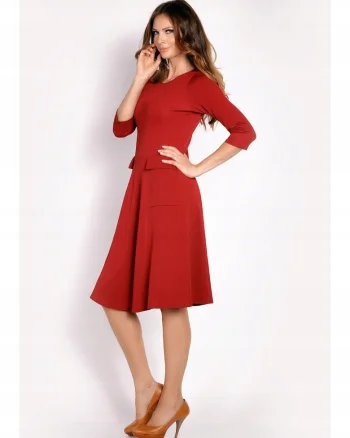 Rochie Dama,  L012, Midi, Croiala Simpla Eleganta, Maneci 3/4, Fason Clasic, Tesatura Confortabila cu Elastan, Ideala Birou si Ocazii Speciale, Bordeaux, Marime