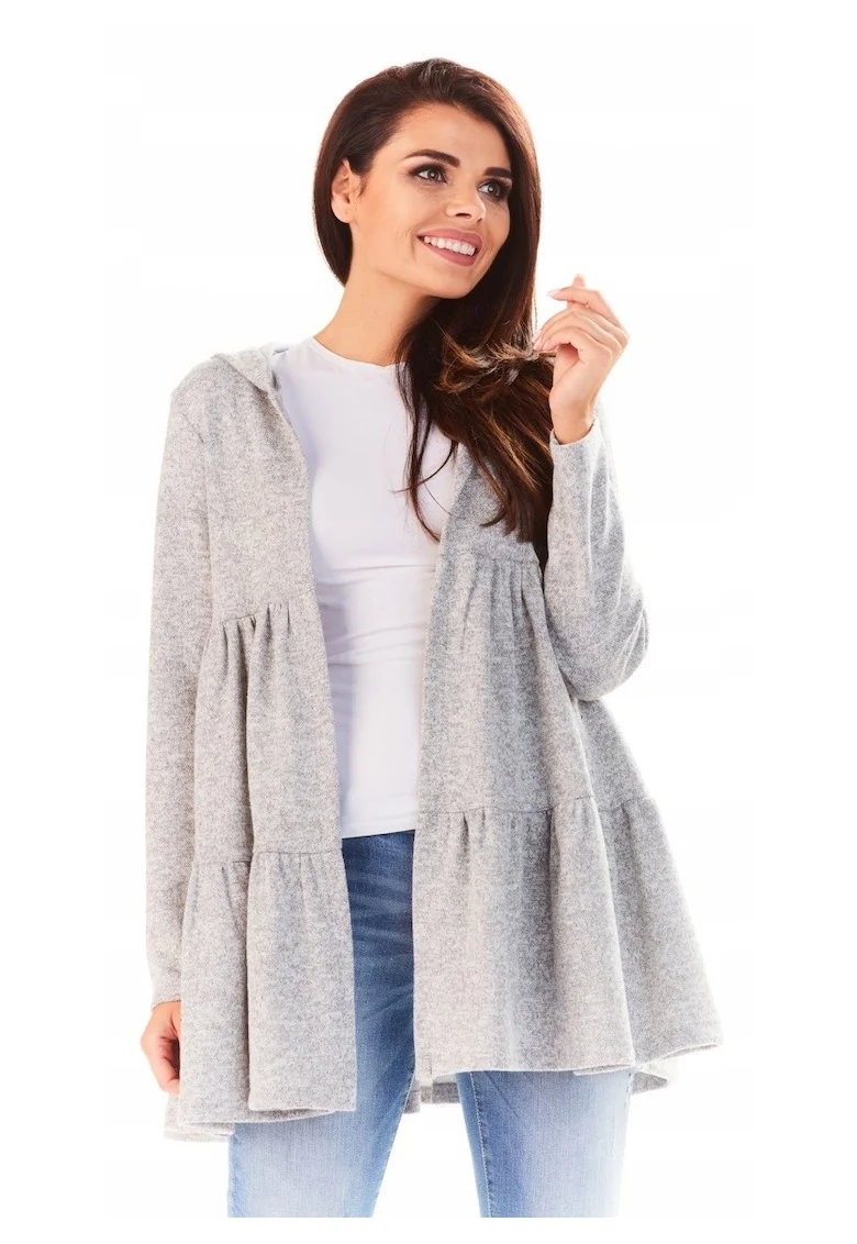 Cardigan Pentru Femei,  L053, Cu Gluga Si Volane, Marimea S/M, Poliester, Croi Normal, Maneci Lungi, Decolteu In V, De Inalta Calitate, Gri