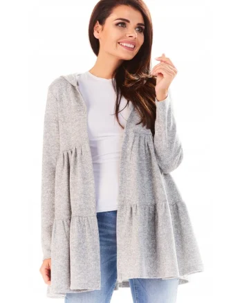 Cardigan Pentru Femei,  L053, Cu Gluga Si Volane, Marimea S/M, Poliester, Croi Normal, Maneci Lungi, Decolteu In V, De Inalta Calitate, Gri