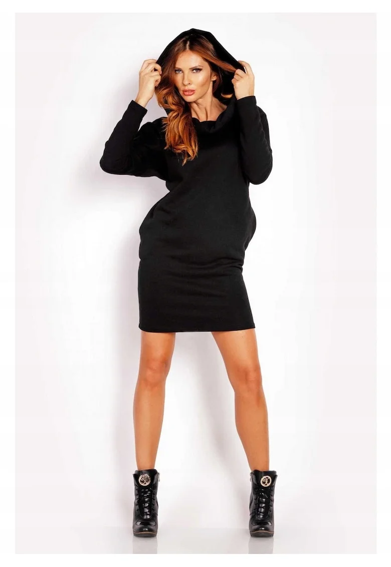 Rochie De Dama Cu Gluga,  L029, Marimea S/M, 95% Bumbac, 5% Elastan, Maneci Lungi, Doua Buzunare Laterale, Neagra