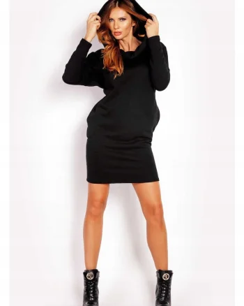 Rochie De Dama Cu Gluga,  L029, Marimea S/M, 95% Bumbac, 5% Elastan, Maneci Lungi, Doua Buzunare Laterale, Neagra
