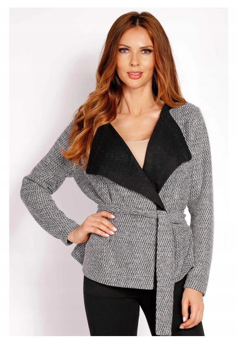 Cardigan Pentru Femei,  L021, Marimea L/XL, 95% Poliester, 5% Elastan, Croi Slim, Inchidere In Talie Cu Curea, Decolteu In V, De Inalta Calitate, Gri