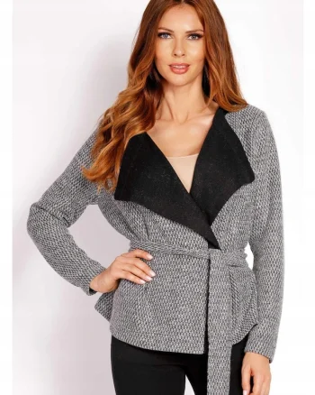 Cardigan Pentru Femei,  L021, Marimea L/XL, 95% Poliester, 5% Elastan, Croi Slim, Inchidere In Talie Cu Curea, Decolteu In V, De Inalta Calitate, Gri