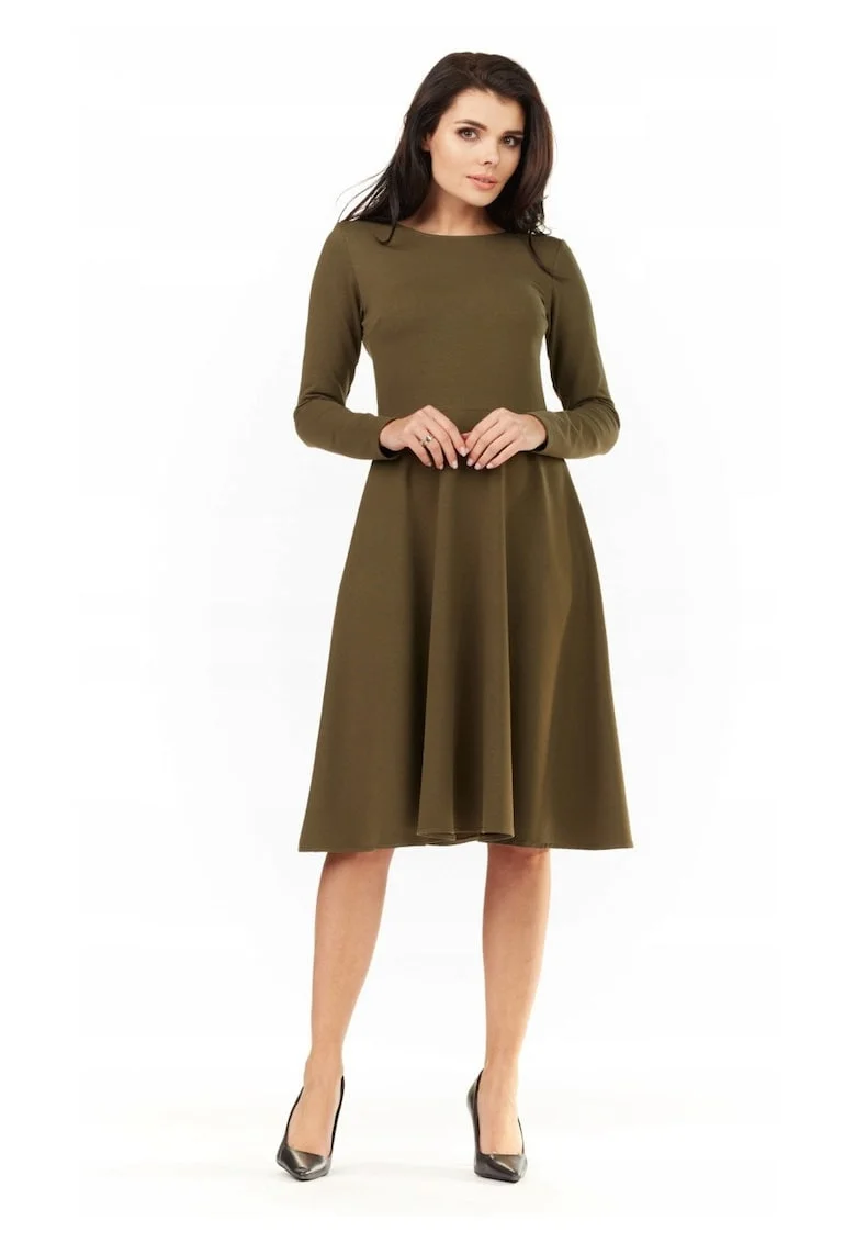 Rochie Dama,  L060, Clos, Marime L, Material 70% Viscoza, 25% Poliester, 5% Elastan, Maneci Lungi, Lungime Midi, Decolteu Rotund, Khaki