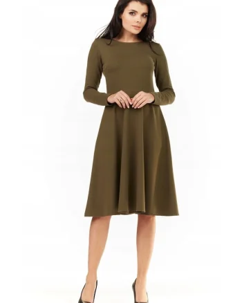Rochie Dama,  L060, Clos, Marime L, Material 70% Viscoza, 25% Poliester, 5% Elastan, Maneci Lungi, Lungime Midi, Decolteu Rotund, Khaki