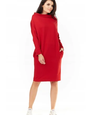 Rochie De Dama,  L061, Marimea S/M, Bumbac, Midi, Maneci Lungi, Decolteu Rotund, De Inalta Calitate, Rosie