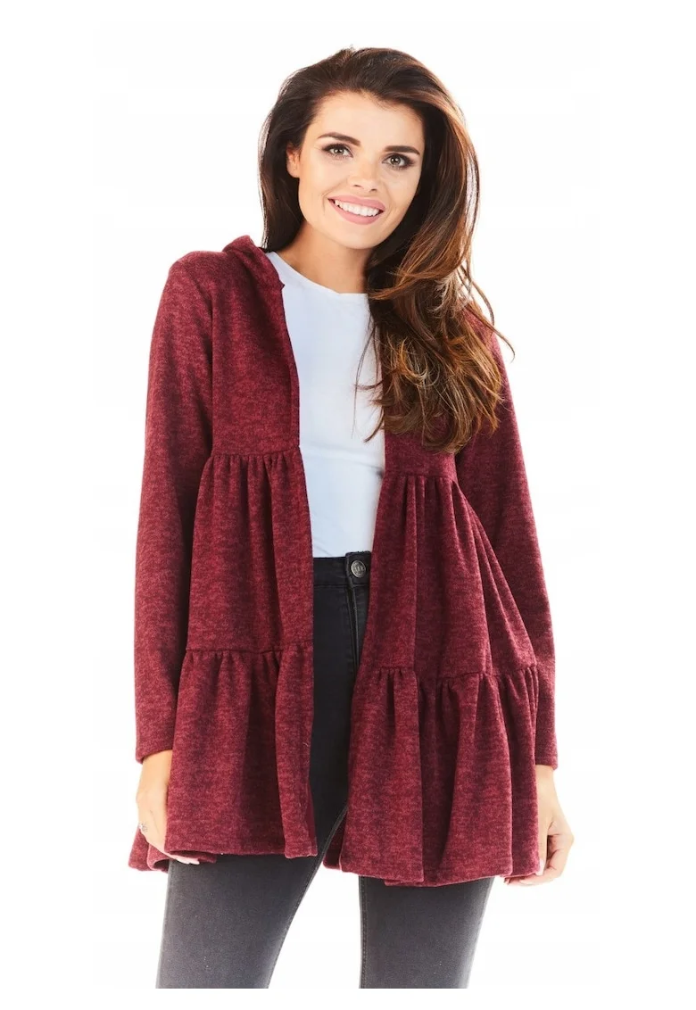 Cardigan Pentru Femei,  L053, Cu Gluga Si Volane, Marimea S/M, Poliester, Croi Normal, Maneci Lungi, Decolteu In V, Bordeaux