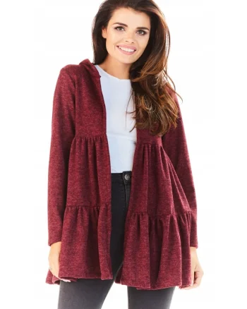 Cardigan Pentru Femei,  L053, Cu Gluga Si Volane, Marimea S/M, Poliester, Croi Normal, Maneci Lungi, Decolteu In V, Bordeaux