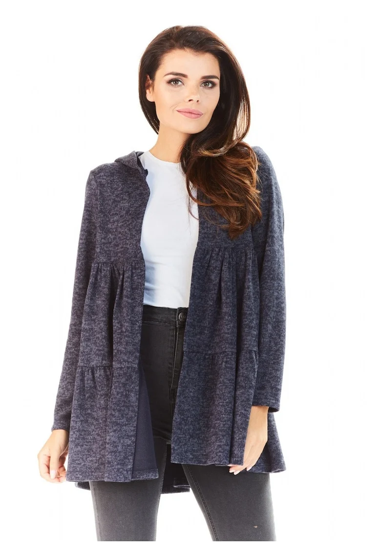 Cardigan Pentru Femei,  L053, Cu Gluga Si Volane, Marimea S/M, Poliester, Croi Normal, Maneci Lungi, Decolteu In V, De Inalta Calitate, De Inalta Calitate, Albastru Inchis