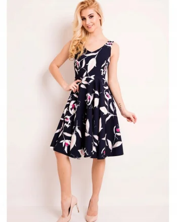 Rochie Midi Pentru Femei,  L038, Marimea S, Material 95% Poliester, 5% Elastan, Culoare Bleumarin, Decolteu Adanc, Fara Inchidere, Fara Maneci