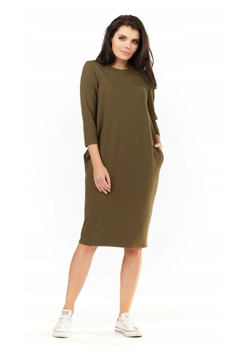 Rochie Dama,  L059, Marime S/M, Material 70% Vascoza, 25% Poliester, 5% Elastan, Lungime Midi, Decolteu Rotund, Maneca 3/4, Accesorii 2 Buzunare Laterale, Khaki