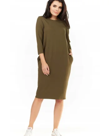 Rochie Dama,  L059, Marime S/M, Material 70% Vascoza, 25% Poliester, 5% Elastan, Lungime Midi, Decolteu Rotund, Maneca 3/4, Accesorii 2 Buzunare Laterale, Khaki