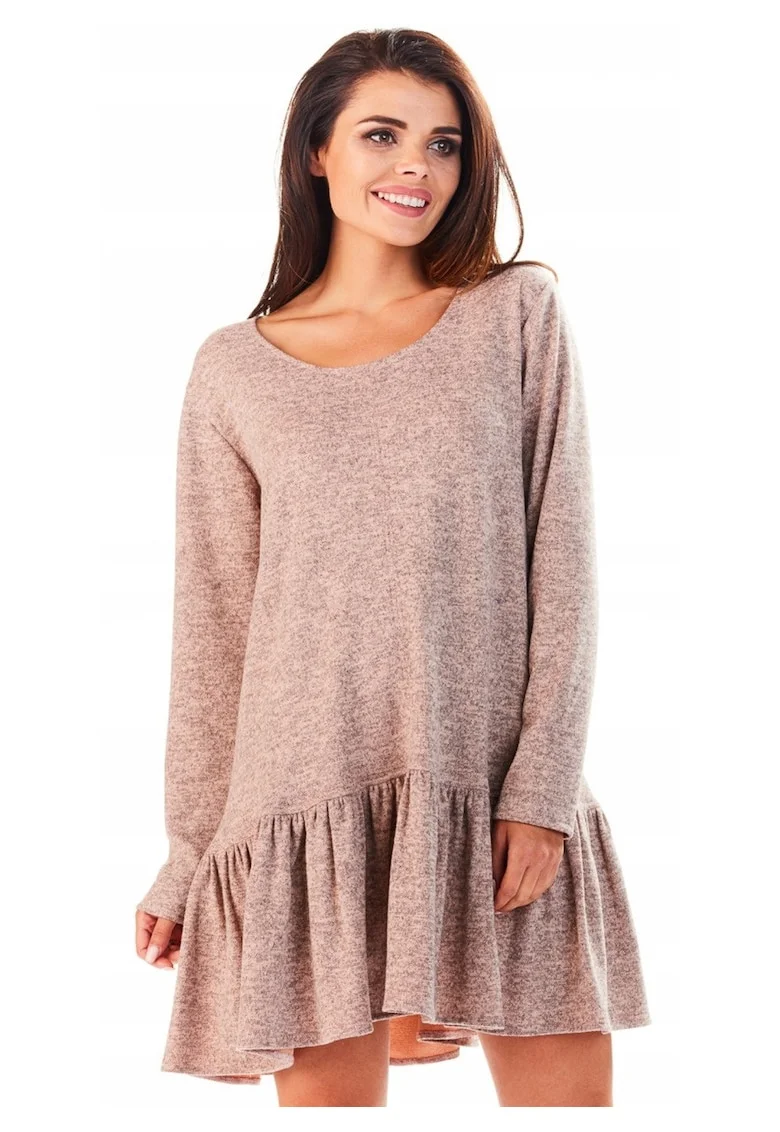 Rochie De Dama Cu Volan,  L056, Marimea S/M, Material 65% Poliester, 33% Viscoza, 2% Elastan, Scurta, Croi Asimetric, Decolteu Rotund, Maneci Lungi, De Inalta Calitate, Roz