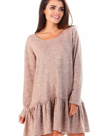 Rochie De Dama Cu Volan,  L056, Marimea S/M, Material 65% Poliester, 33% Viscoza, 2% Elastan, Scurta, Croi Asimetric, Decolteu Rotund, Maneci Lungi, De Inalta Calitate, Roz