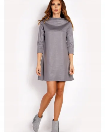 Rochie Dama,  L006, Trapez Mini, Decolteu Tip Cascada, Maneci 3/4, Usor Evazata, Tesatura Confortabila cu Vascoza si Elastan, Eleganta, Ideala Intalniri, Gri, Gri