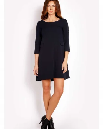 Rochie Dama,  L005, Trapez Mini, Eleganta, Maneci 3/4, Tesatura Confortabila cu Vascoza si Elastan, Croiala Clasica, Ideala Stil Formal si Casual, Albastru Inchis, Albastru inchis